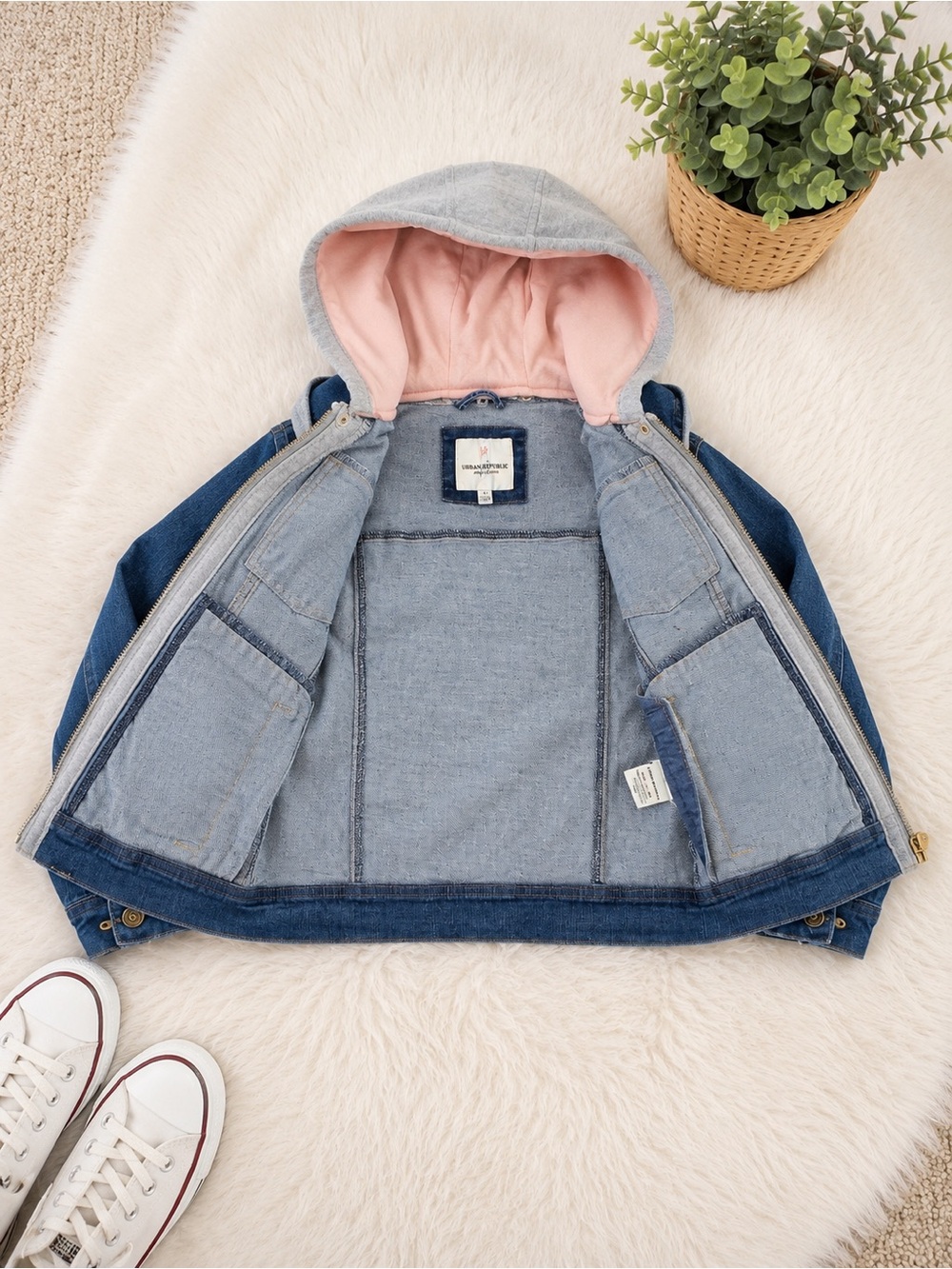 Urban Republic Girl’s Blue Denim Jacket Gray Hood & Pin! - Picture 8 of 11